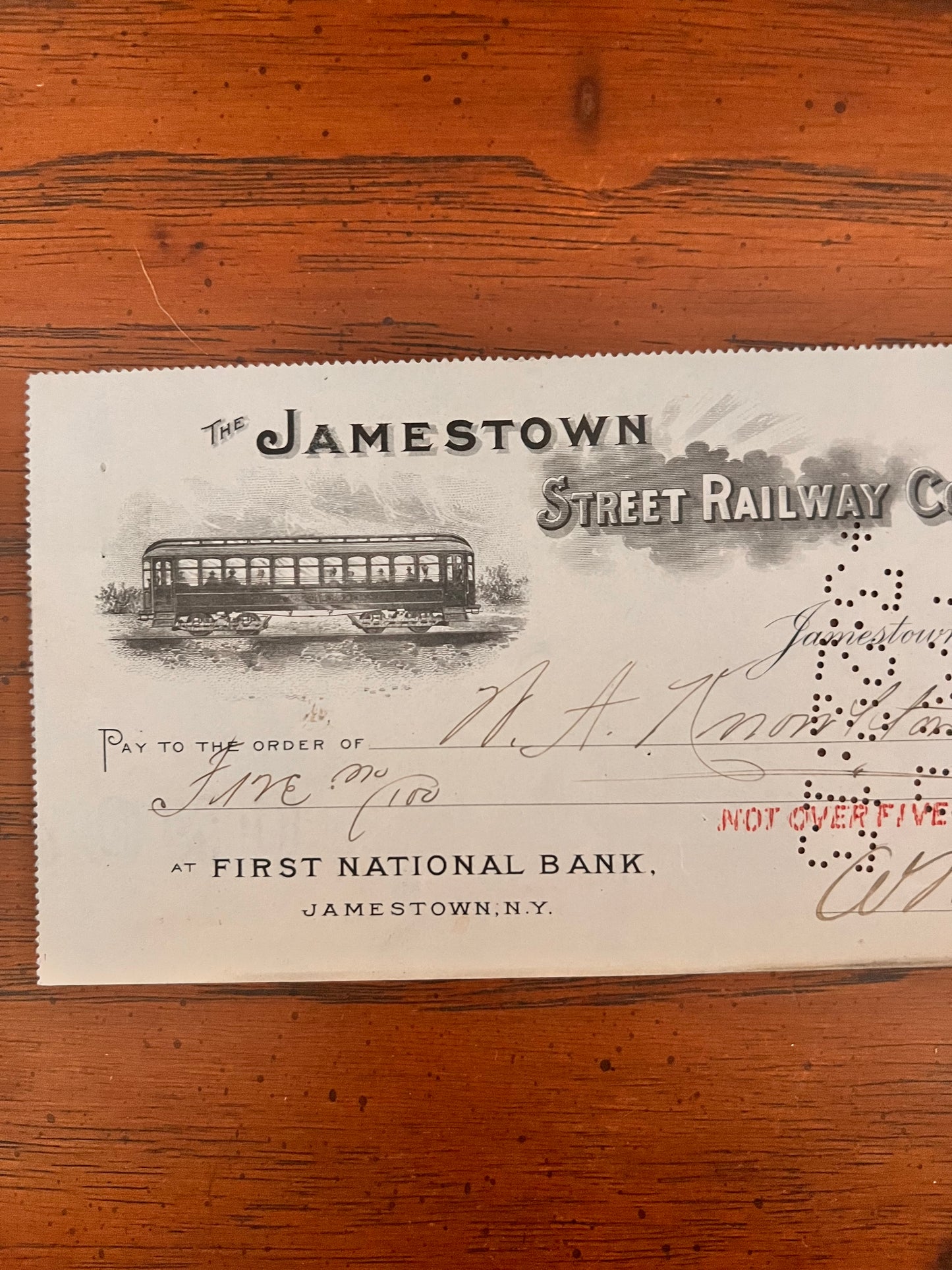 1913 Jamestown Street Railway Company Bank Check New York Trolley Car