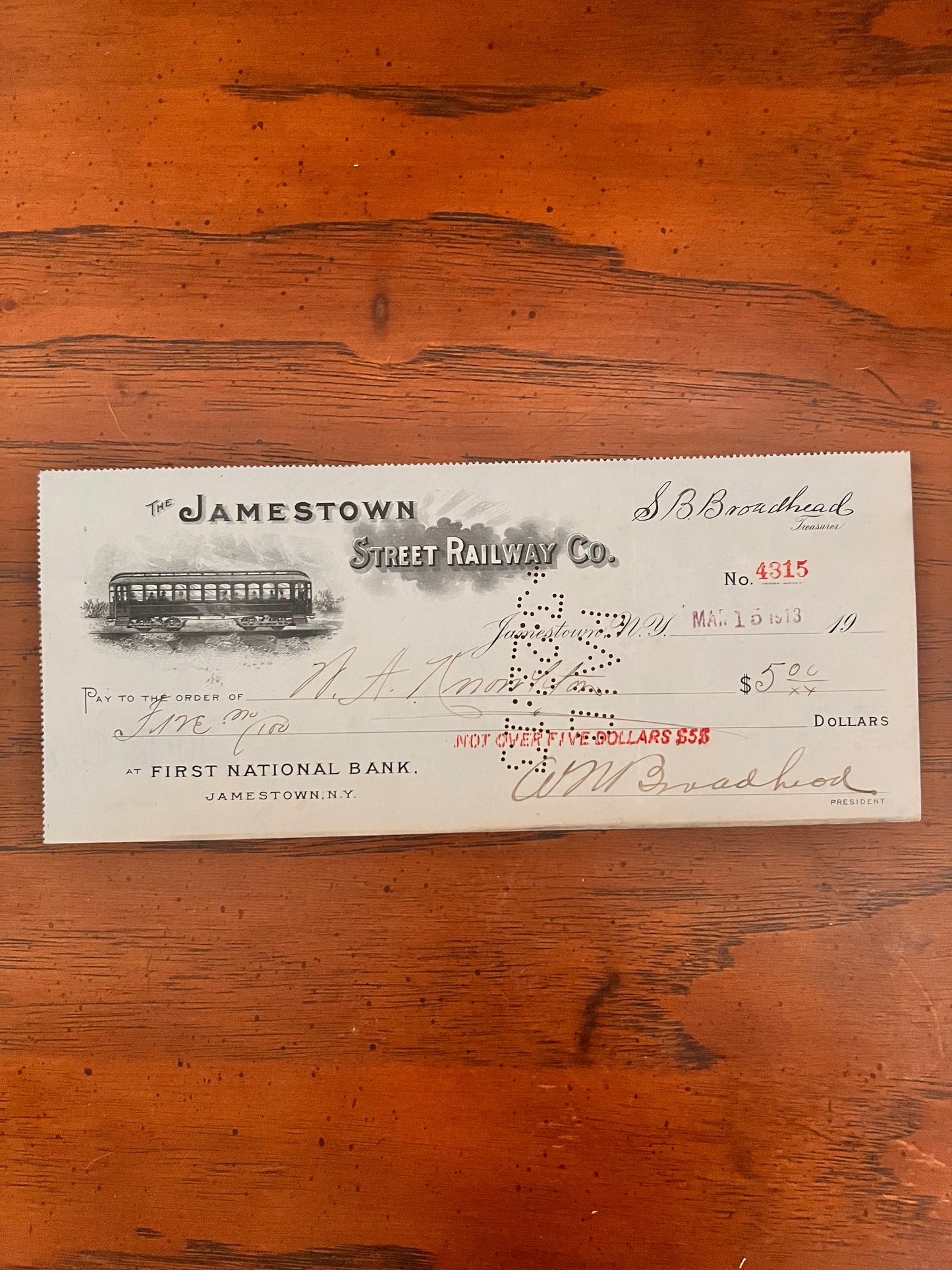 1913 Jamestown Street Railway Company Bank Check New York Trolley Car