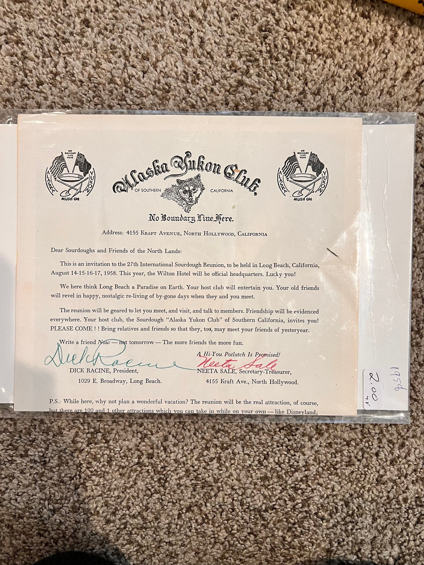 1958 Alaska Yukon Club Reunion Letter