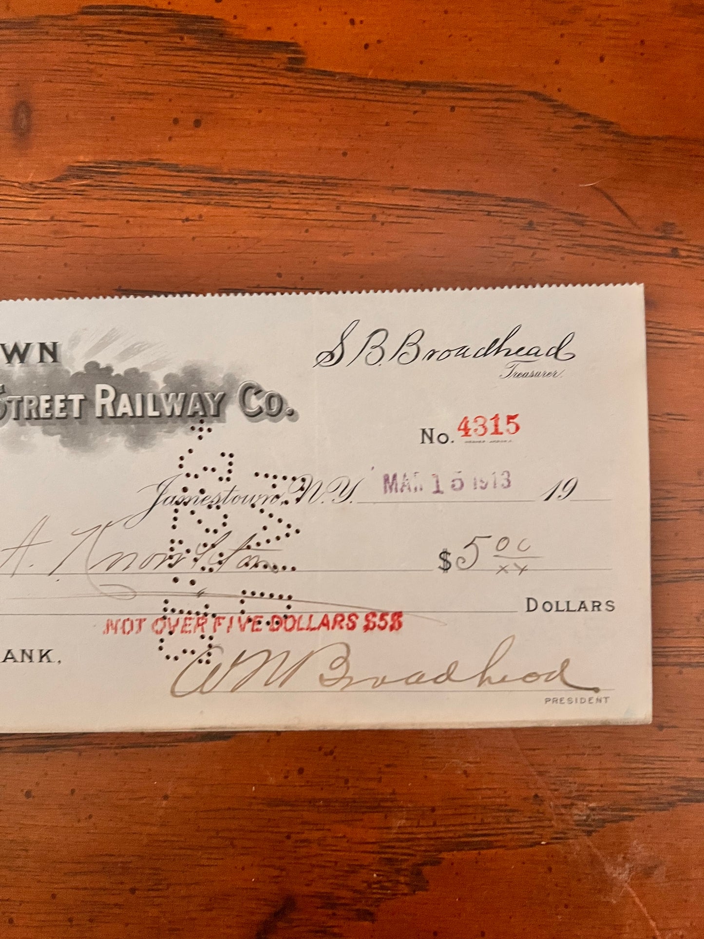 1913 Jamestown Street Railway Company Bank Check New York Trolley Car